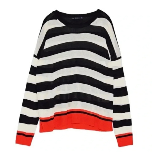 ZARA | Oversized Navy/White Striped Long Sleeve Sweater with Red Trim Size S - Picture 3 of 13